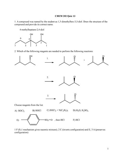 Chem Quiz Key Practice Quiz For Chapter Of Organic