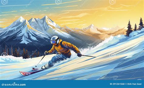 Vector Illustration Hand Drawn Advanced Skier Slides Near Mountain