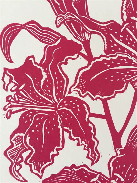 Lino Print Flowers Lilies Lino Cut Pink Wall Art Print Etsy