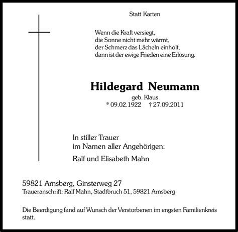 Traueranzeigen Von Hildegard Neumann Trauer In NRW De