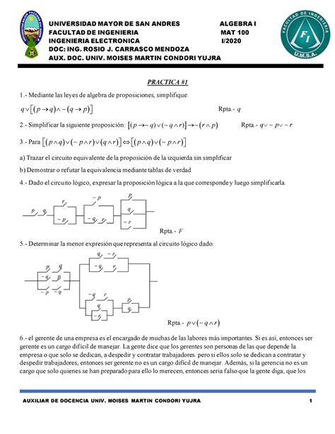 Practica Mat Universidad Mayor De San Andres Algebra I Facultad