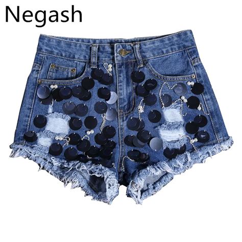 Negash New Beading Sequins Shorts Denim Women Waist Holes Denim Short