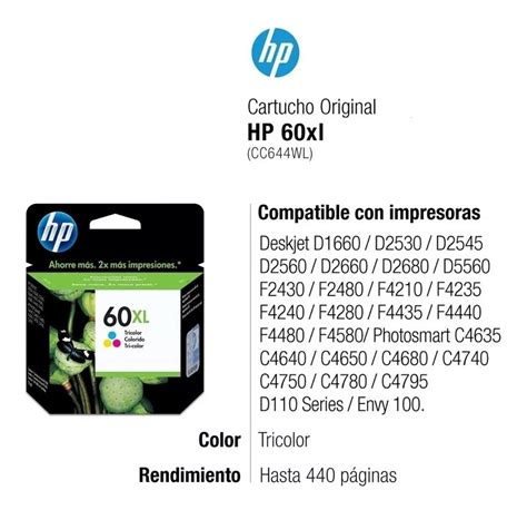 Pack Cartucho Hp 60 Xl Negro Color F4280 F4480 D110 Backup U S 175