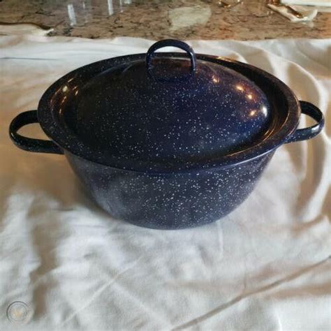 Blue White Speckled Enamelware Pot