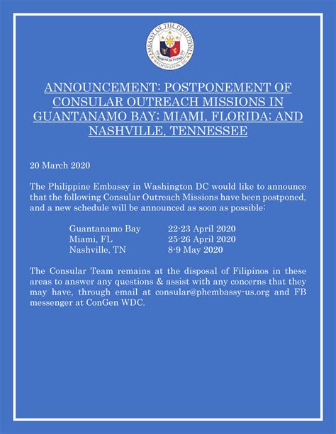 Postponement Consular Outreach Missions To Guantanamo Bay Miami Florida And Nashville