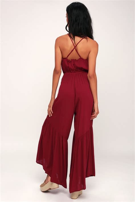 Jack By Bb Dakota Makin Moves Burgundy Wide Leg Jumpsuit