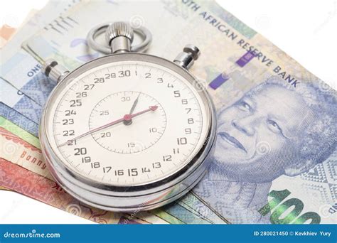 Time Is Money Concept Stopwatch On South African Money Rand Banknote