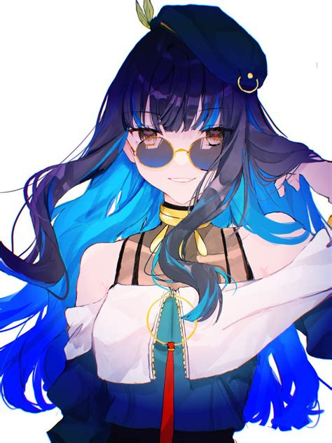 Safebooru 1girl Adjusting Hair Ao398739 Bare Shoulders Beret Black Hair Blue Hair Colored