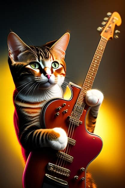 Un Gato Tocando Una Guitarra Con Un Fondo Amarillo Foto Premium