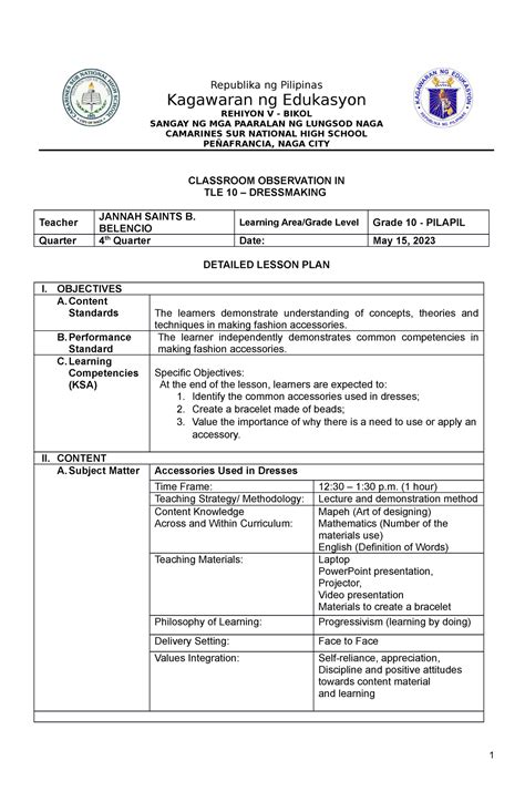 4th Quarter Detailed Lesson Plan Republika Ng Pilipinas Kagawaran