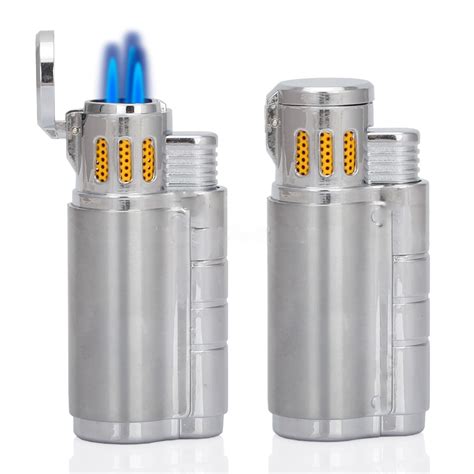 Silver Metal Refillable Butane Gas Pocket Cigar Lighter 3 Flame Fire Jet Cigarette Torch