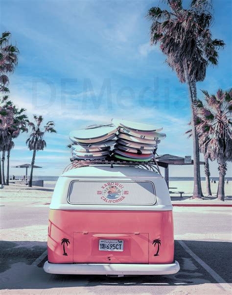 Pink Surfer Van at Beach Art Print Digital Picture Wall - Etsy