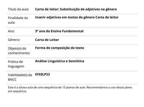 Plano de aula 3º ano Carta de leitor Substituição de adjetivos no