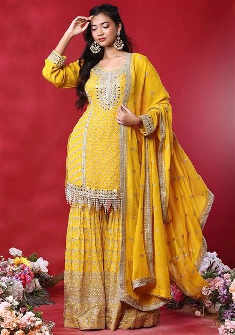 Buy Women Mustard Zari Embroidered Sharara Set With Mirror Bead