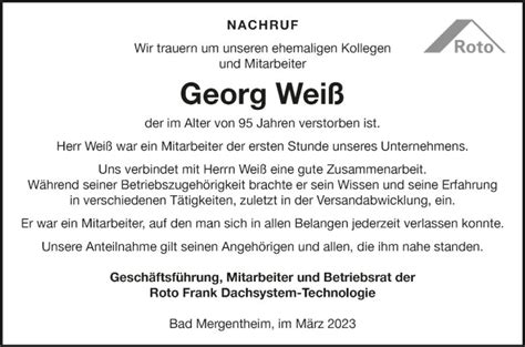 Traueranzeigen Von Georg Wei Trauerportal Ihrer Tageszeitung