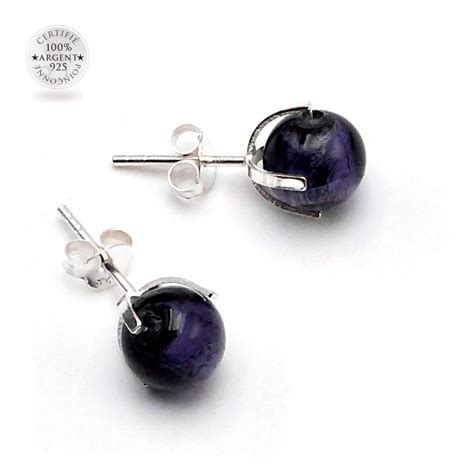 Boucles D Oreilles Clou Gaia Bleu Violet En Veritable Verre De Murano