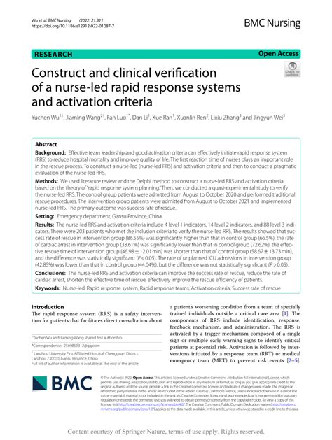 Pdf Construct And Clinical Verification Of A Nurse Led Rapid Response