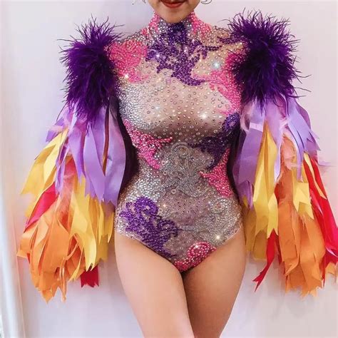 Dan A De Palco Feminino Strass Colorido Sexy Bodysuit Cintilante Cantor