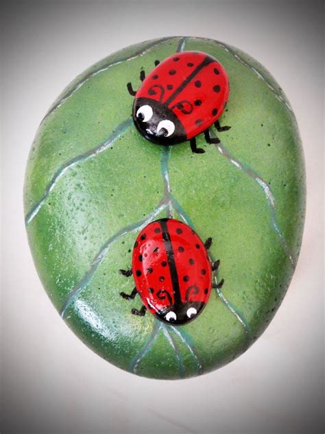 Handpainted X Rock Ladybugs On A Rock Leaf Pop Etsy Ladybug