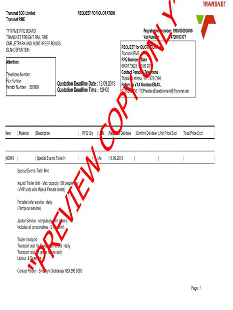 Fillable Online Transnet Request For Quotation No CRAC ELF 36481 Fax