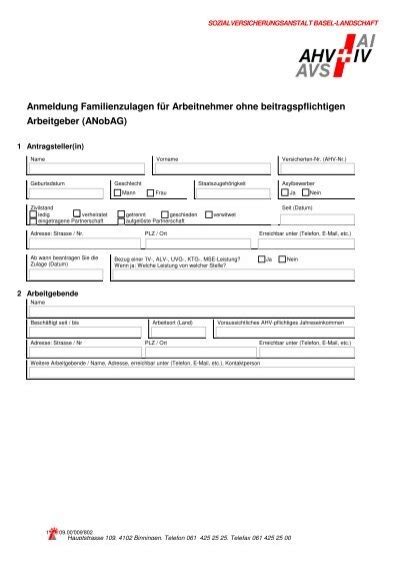 Anmeldung Familienzulagen fÃ¼r Arbeitnehmer ohne SVA BL