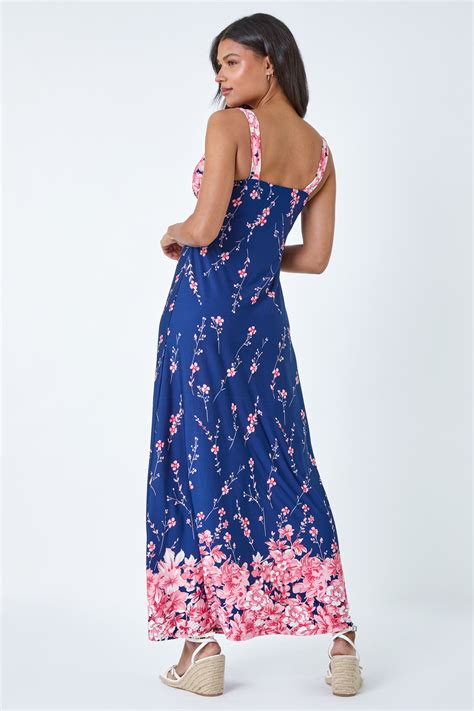 Navy Floral Print Stretch Maxi Dress Roman Uk