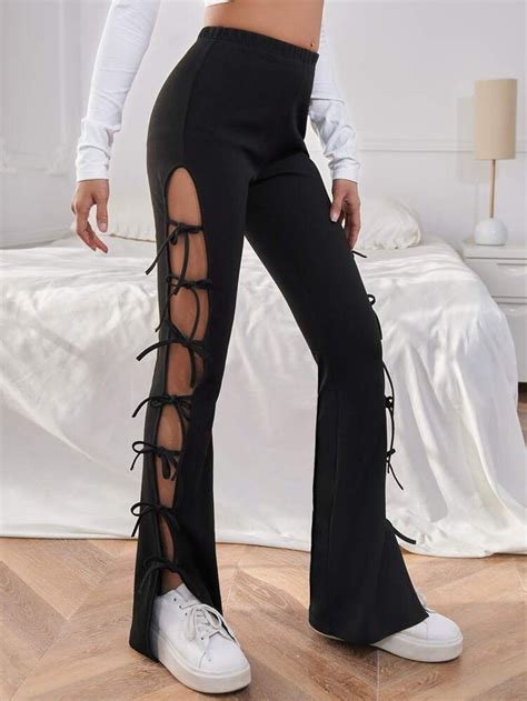 Shein Elastic Waist Cut Out Knot Side Flare Leg Pants Flare Leg Pants