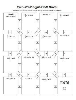 Two Step Equation Maze Worksheet