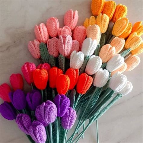 Cotton Yarn Crochet Tulip Flower Bouquet Tulip Flower Crochet For Decor