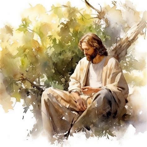 A Painting Of Jesus Sitting On A Tree Branch With His Hands Clasped To