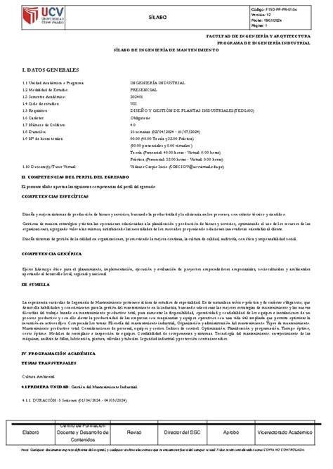 Silabo Ingeniería De Mantenimiento SÍlabo Versión 12 Fecha 1901