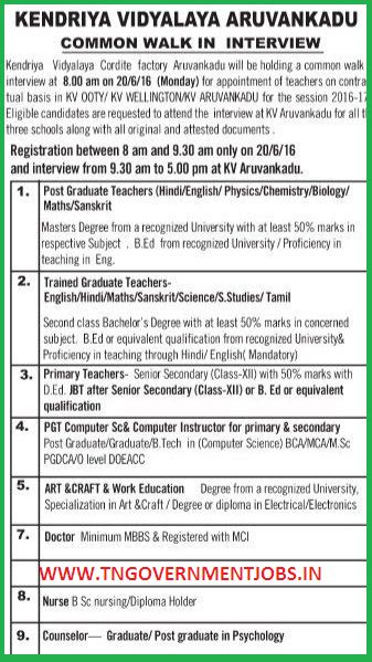 Kv Ooty School Kv Wellington School Kv Aravangadu School Recruitments