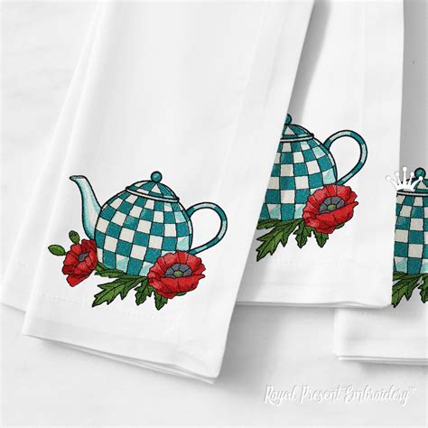 Checkered Turquoise Teapot With Poppies Royal Present Embroidery