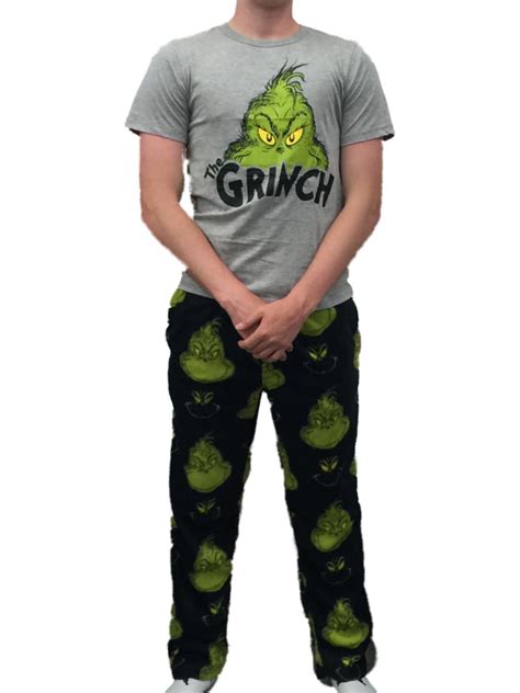 Dr Seuss Mens Grinch Sleep Set Fleece Lounge Pants And T Shirt Christmas Pajamas