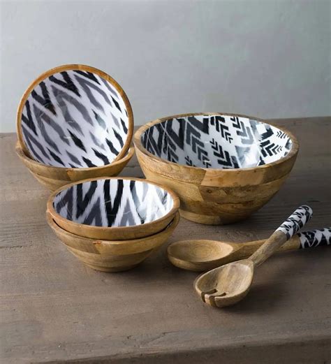 Ikat Grey Enameled Mango Wood Serving Collection Vivaterra Mango