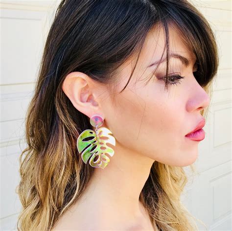 Iridescent Acrylic Earrings Laser Cut Monstera Leaf Dangle Earrings Rainbow Statement Earrings