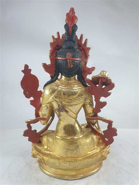 Buddhist Statue Of Green Tara Full Fire Gold Plated Painted Face