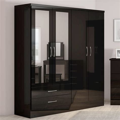 Mack Mirrored Gloss Wardrobe With Doors Drawers In Black