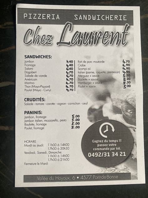 Menu Au Pizzeria Chez Laurent Modave