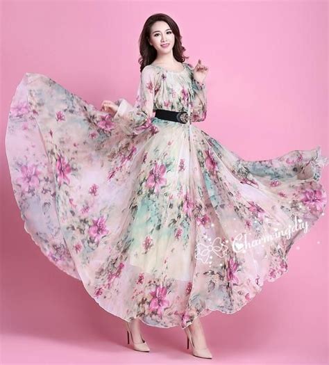 Colors Chiffon Flower Long Sleeve Party Big Hem Dress Evening