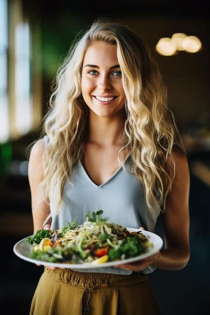 Premium Ai Image A Woman Is Holding A Plate Of Food