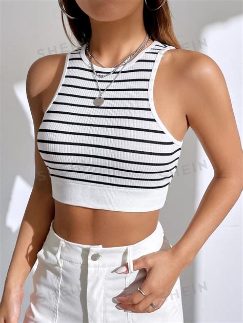 Shein Ezwear Summer Striped White Print Crop Tank Top White Tops