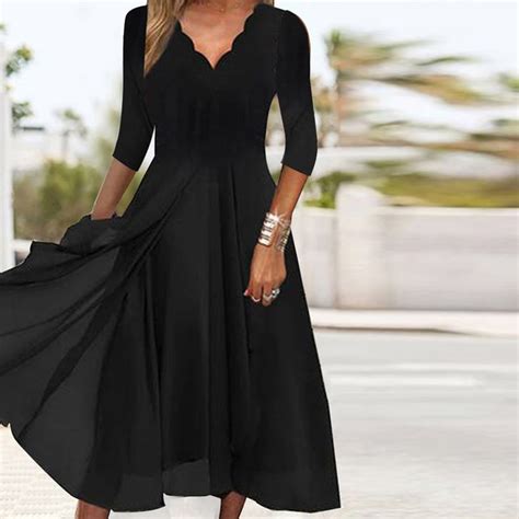 Solid Black Layered 34 Sleeve Midi Dress Tilose