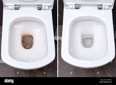 Toilet in the bathroom before and after cleaning the blockage, dirty ...