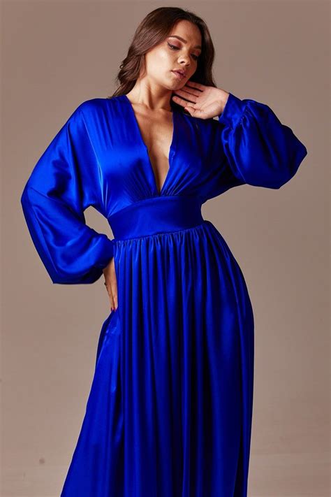 Royal Blue Silk Maxi Dress Bridesmaid Dress Open Back Long Sleeve