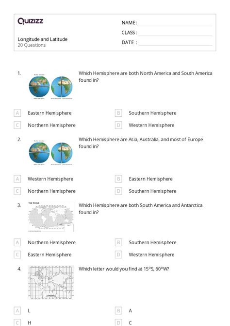 Latitud Y Longitud Hojas De Trabajo Para Grado En Quizizz