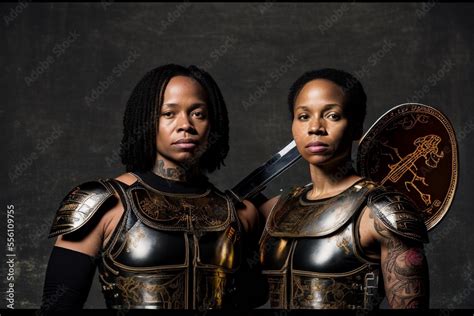 Two Beautiful Black Women Sisters Warriors With Armour And Tattoo