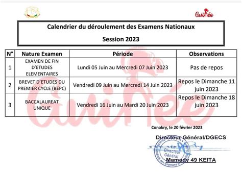 Guinée voici le calendrier des examens nationaux session 2023