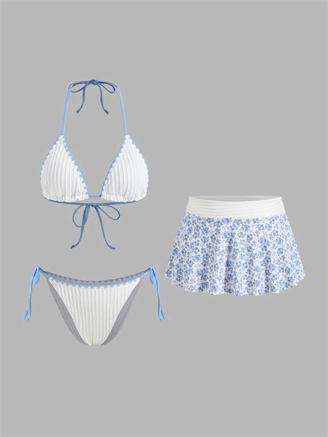 Knit Fabric Rib Halter Neckline Contrasting Binding Triangle Bikini Set Floral Cover Up Skirt