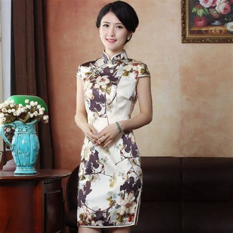 Gorgeous Chrysanthemum Print Silk Cheongsam Qipao Dress